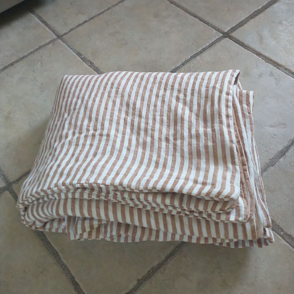 Quince Full Queen Duvet Cover Brown White Stripe 100% Linen European